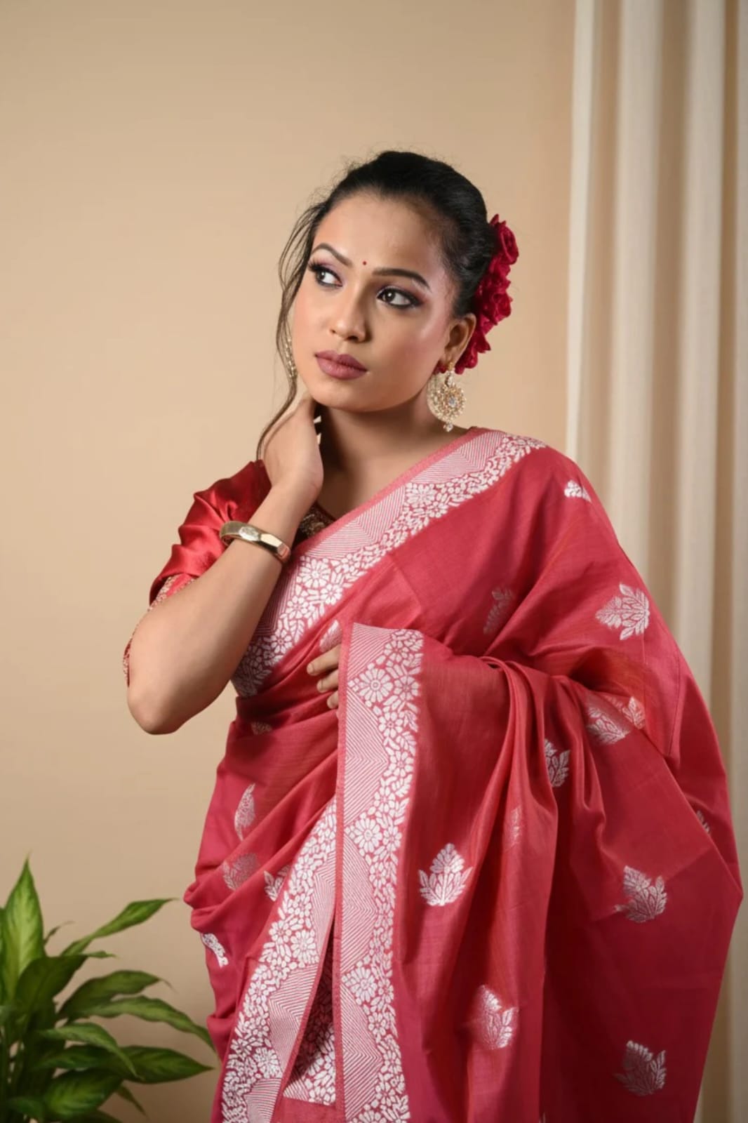 Assam Ruby & Silver Handloom Mix Pat Silk Mekhela Chador